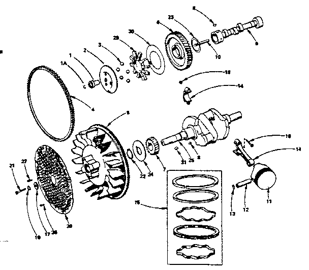 Crankshaft, flywheel, camshaft and piston