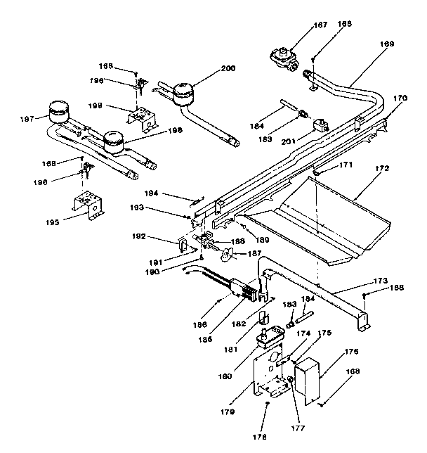 Oven burner and top burners section