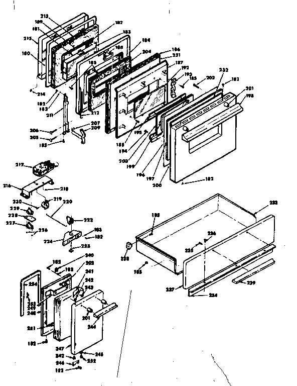 Doors, latch mechanism and drawer assemblies