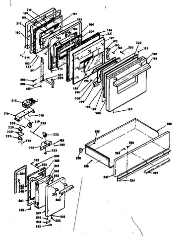 Doors, latch mechanism and drawer assemblies