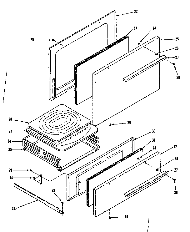 Oven door and broiler sections