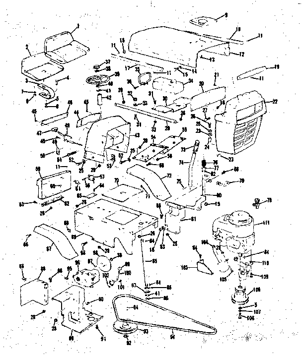 Grill, seat, and engine mount assemblies