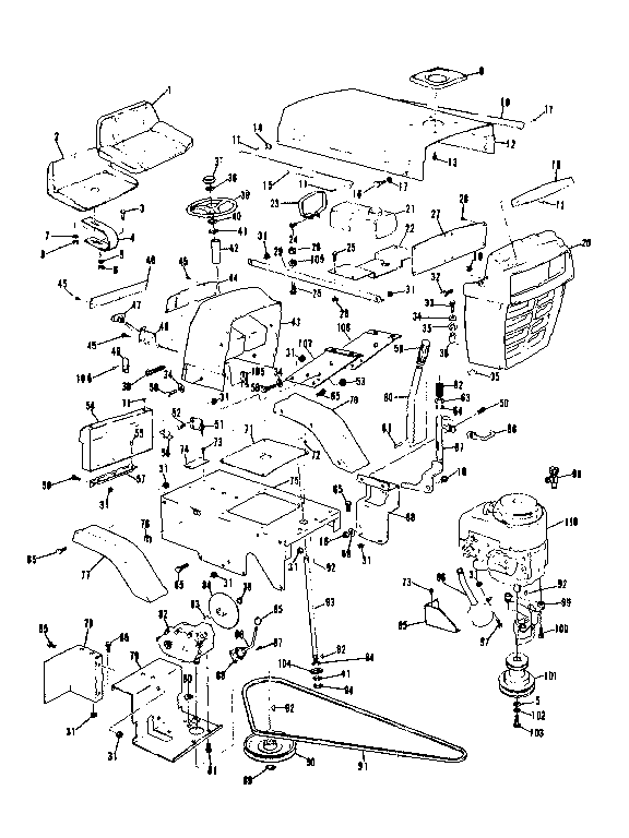 Grill, seat, and engine mount assemblies