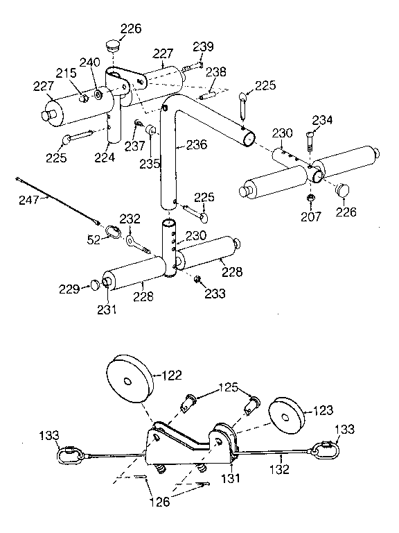 Leg lift and lower pulley assembly