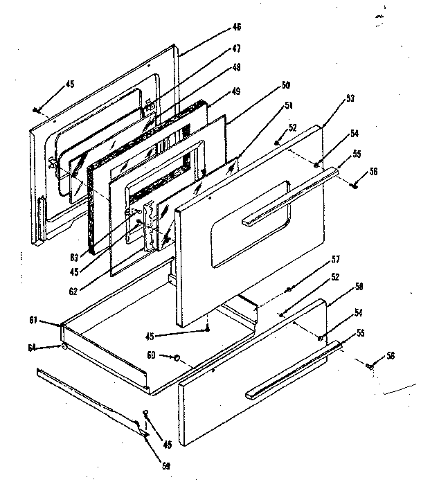 Oven door and storage drawer