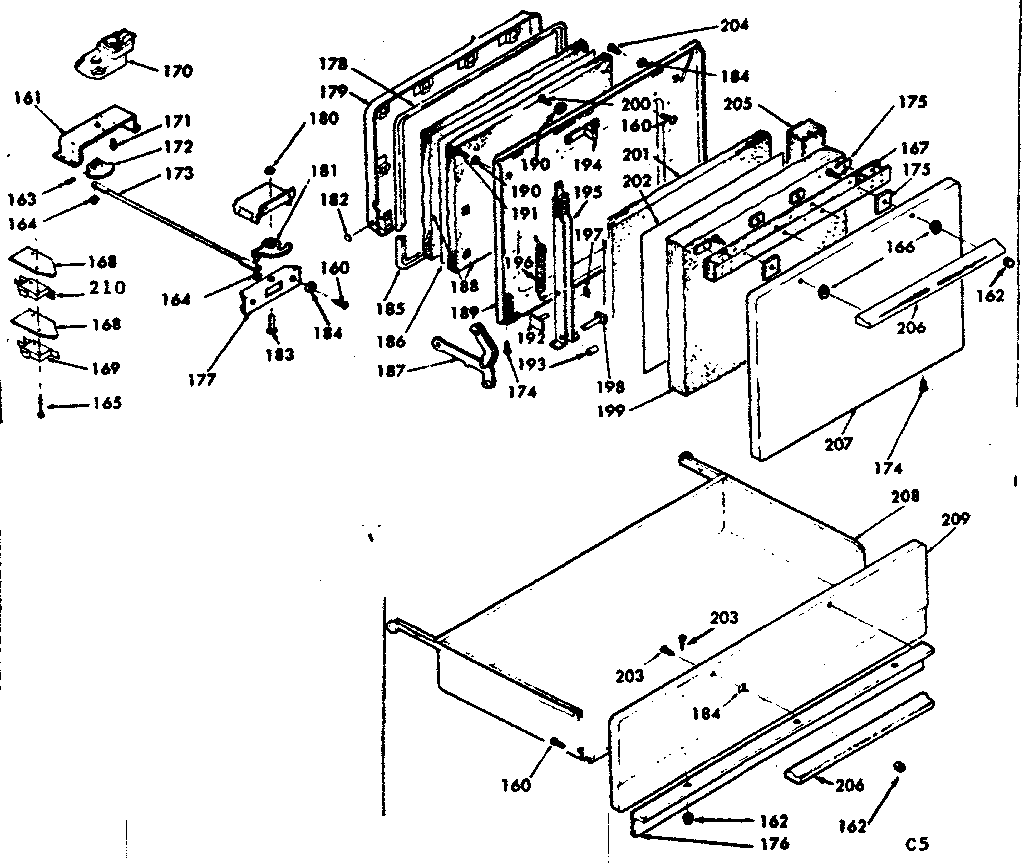 Door, latch mechanism & drawer
