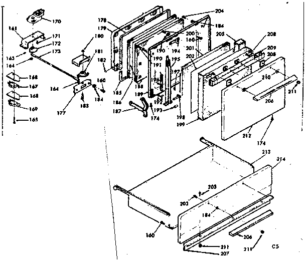 Door, latch mechanism and drawer