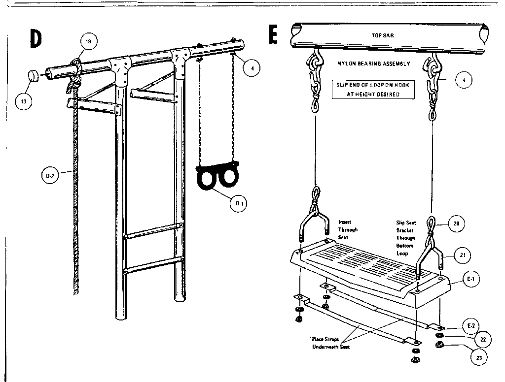 Trapeze rings, rope, and swing assemblies