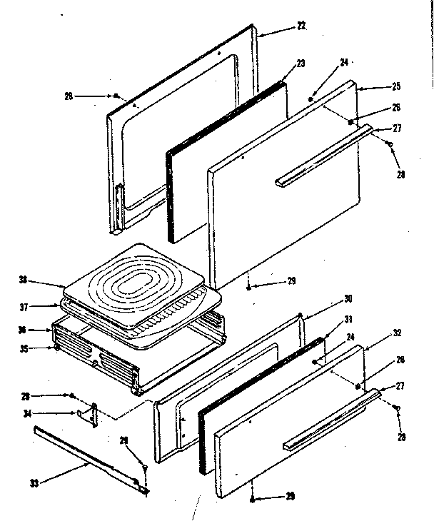 Oven door and broiler sections