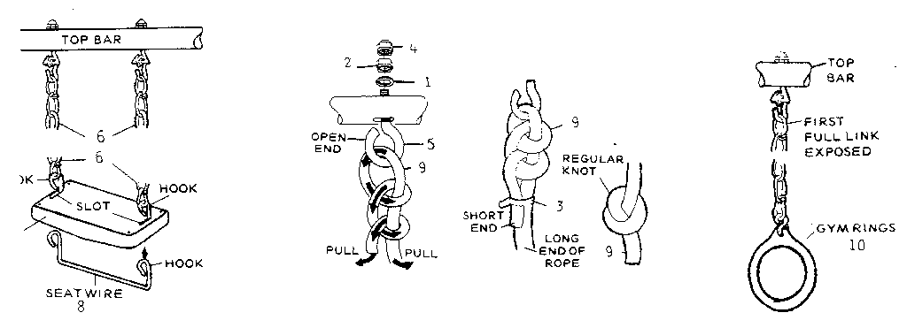 Swing, climbing rope and gym ring assembly