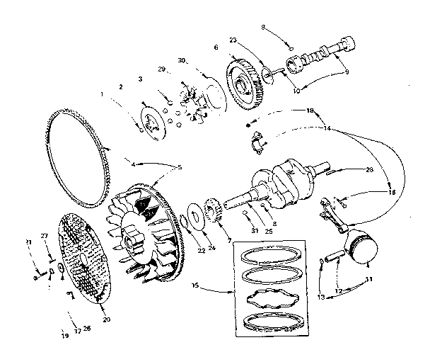 Crankshaft, flywheel, camshaft and piston group