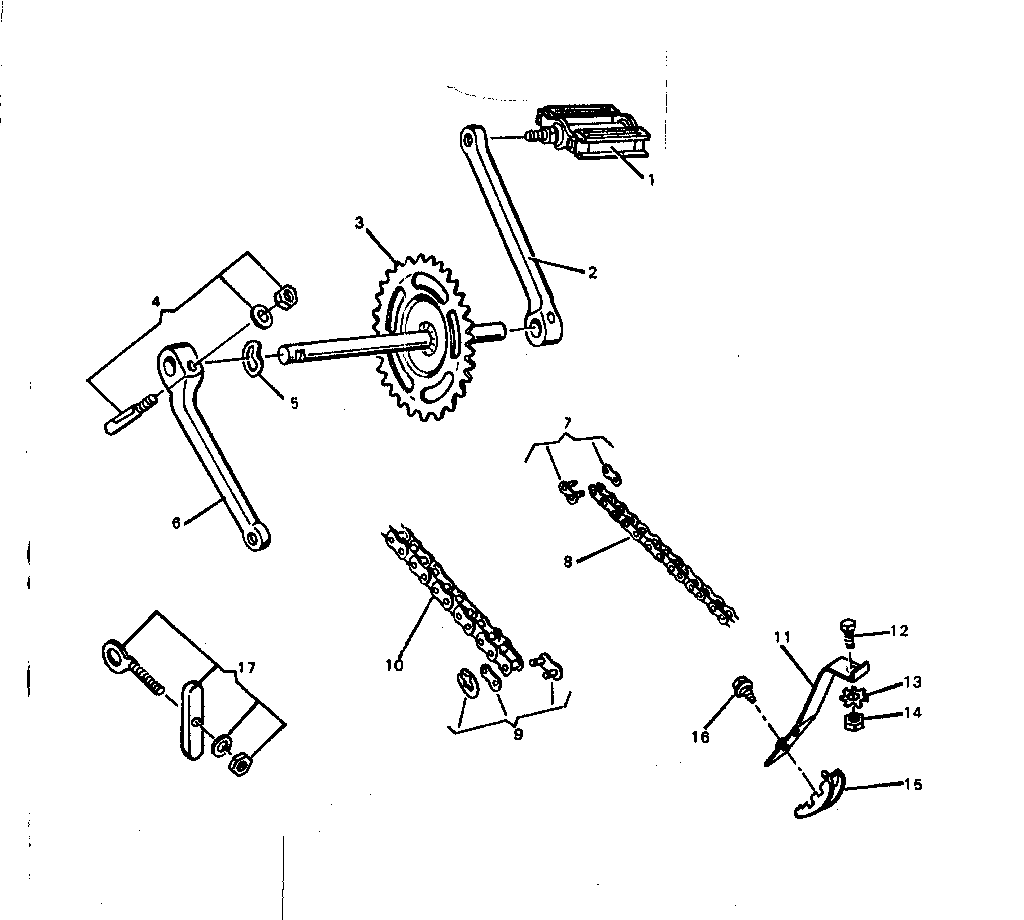 PEDALS, CRANK, AND CHAIN