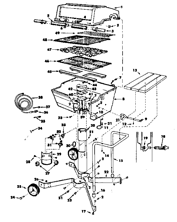 Grill, burner section and cart