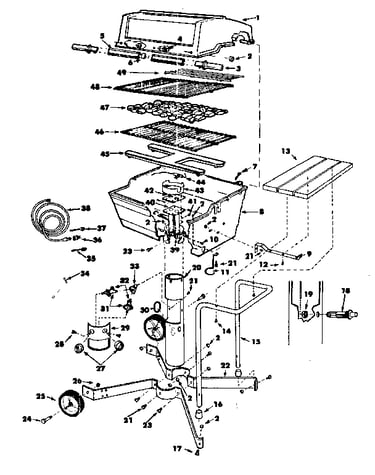 Grill, burner section and cart