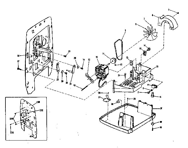 Motor, fans and base
