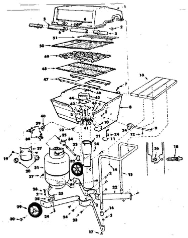Grill, burner section and cart