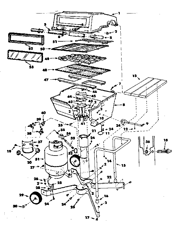 Grill, burner section and cart
