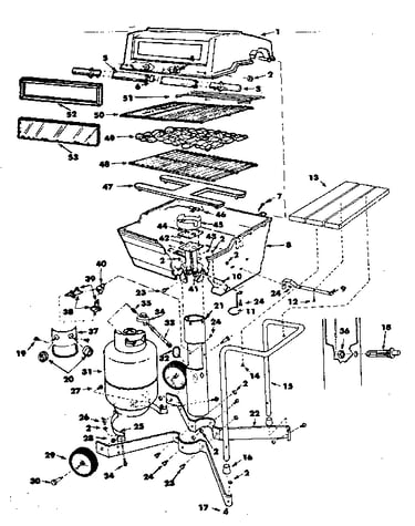 Grill, burner section and cart