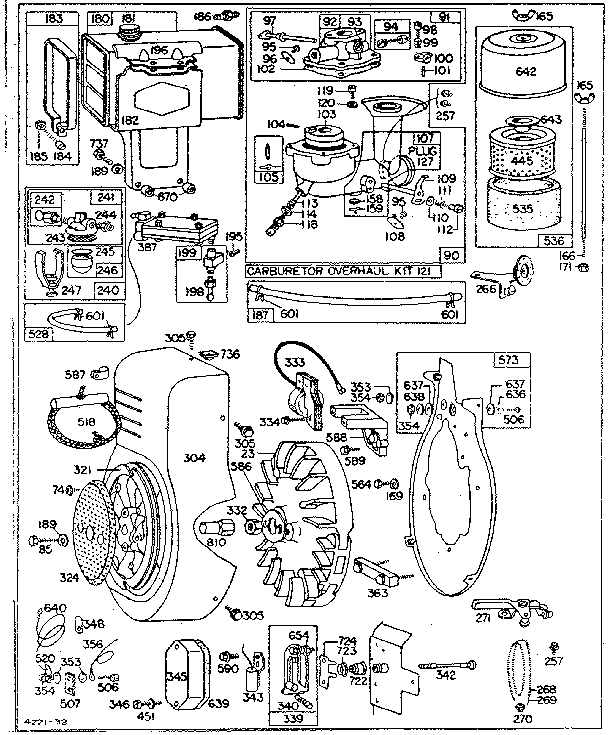 Fuel tank, carburetor, and blower housing assembly