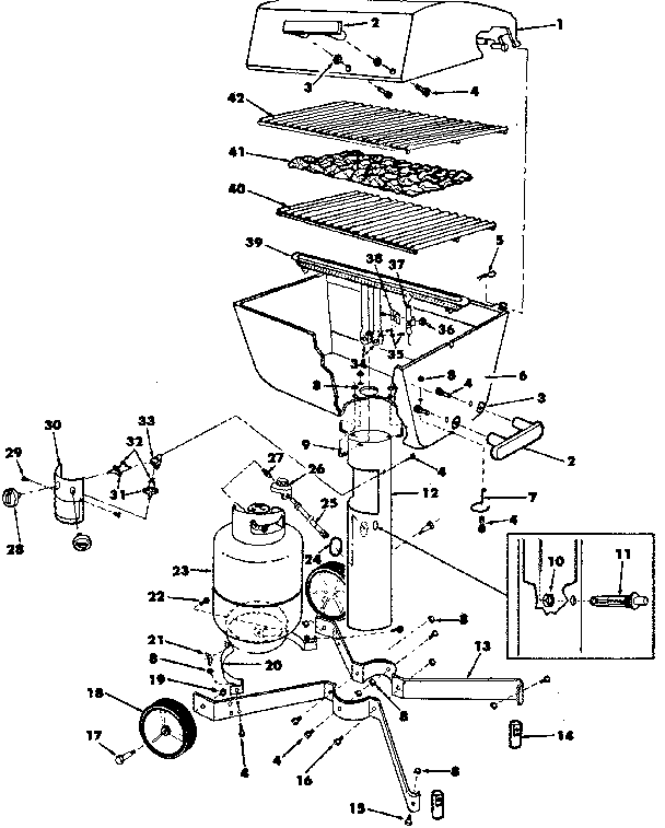 Grill, burner section and cart