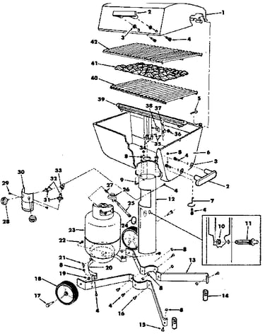 Grill, burner section and cart