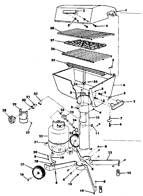 Grill, burner section and cart