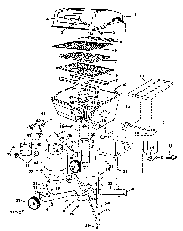 Grill, burner section and cart