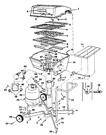 Grill, burner section and cart