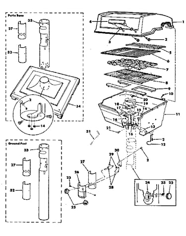 Grill, burner section, ground post & patio base