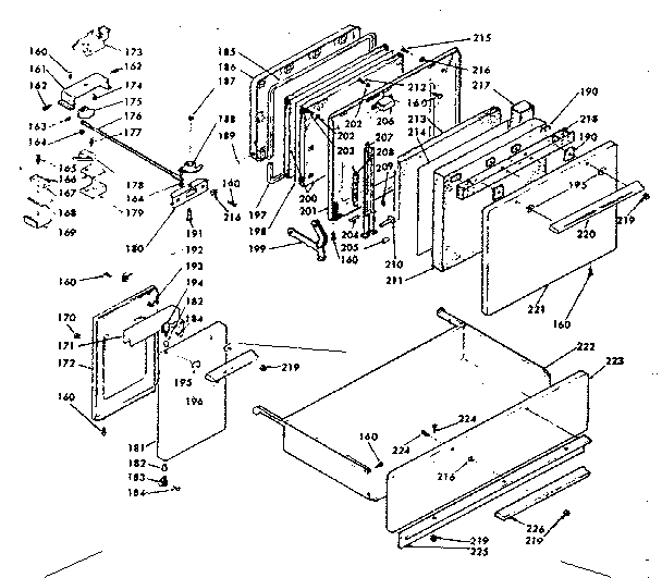 Doors, latch mechanism and drawer