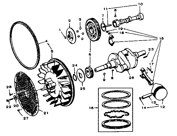 Crankshaft, flywheel, camshaft and piston group