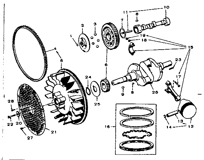 Crankshaft, flywheel, camshaft and piston group