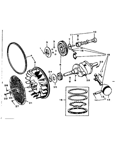 Crankshaft, flywheel, camshaft and piston group