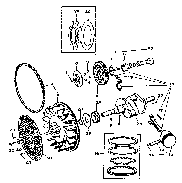 Crankshaft, flywheel, camshaft and piston group