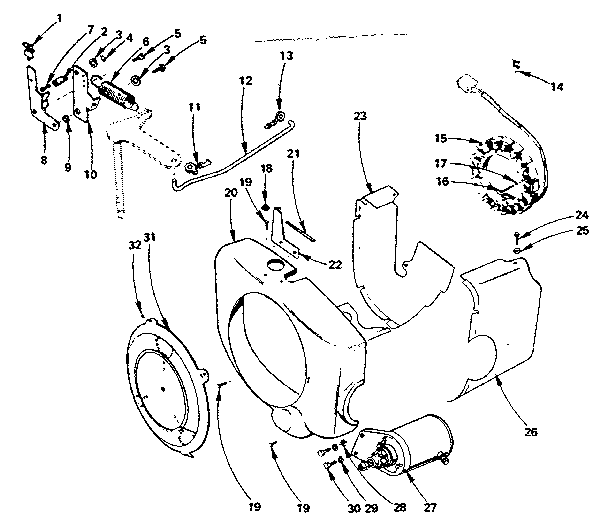 Governor, starter, charging alternator & blower housing grp.