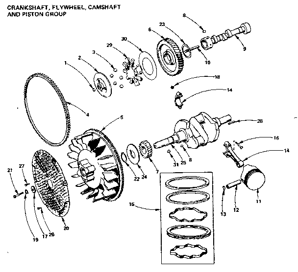Crankshaft, flyweel, camshaft and piston group
