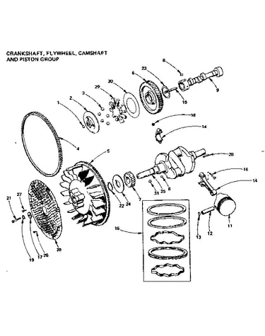 Crankshaft, flyweel, camshaft and piston group