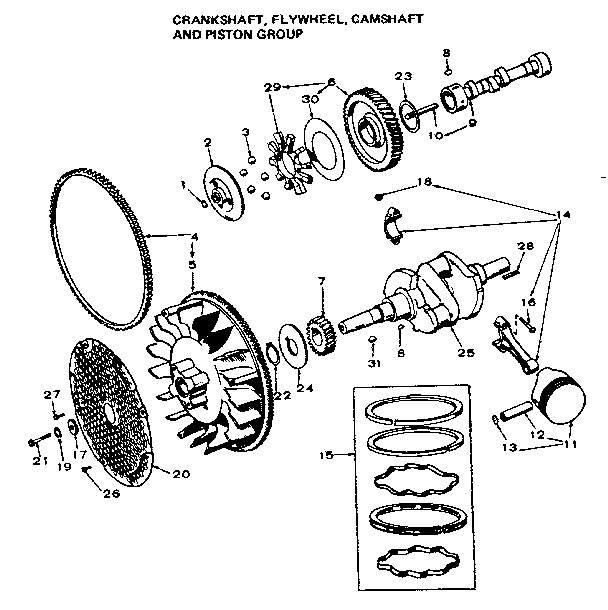 Crankshaft, flywheel, camshaft and piston group