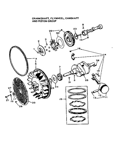 Crankshaft, flywheel, camshaft and piston group