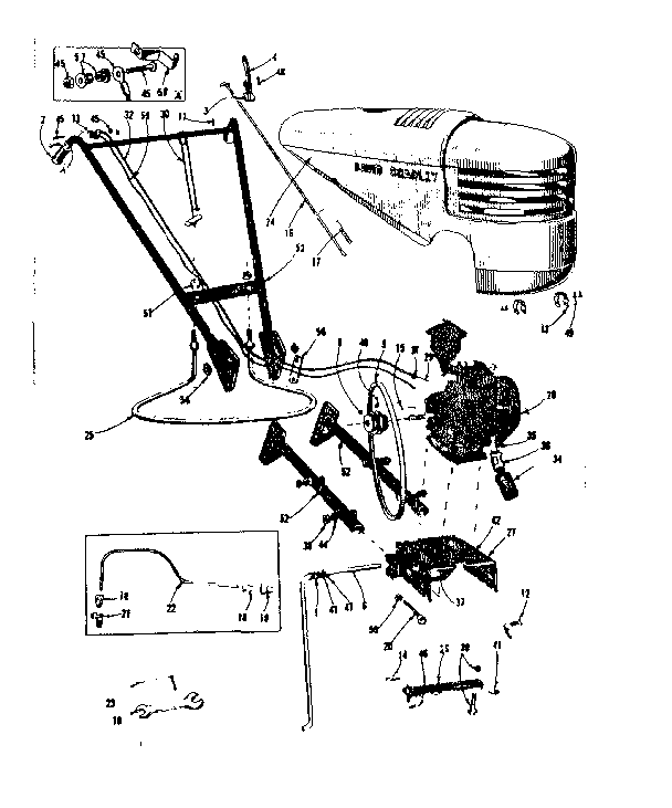 ENGINE, HANDLE AND HITCH ASSEMBLY