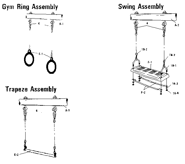Gym ring, swing, and trapeze assembly