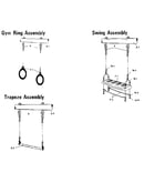 Gym ring, swing, and trapeze assembly