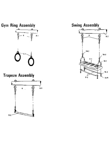 Gym ring, swing, and trapeze assembly