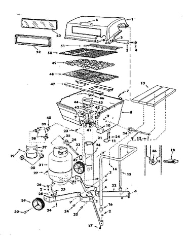 Grill, burner section and cart