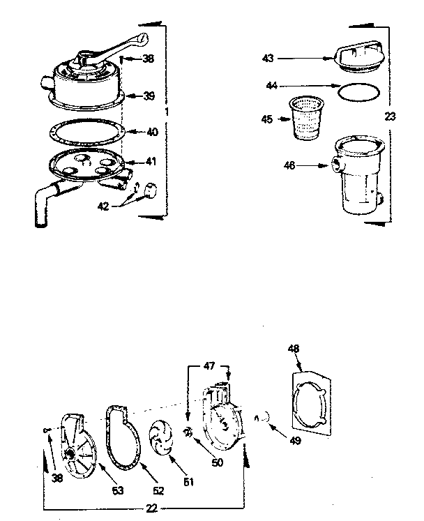 Pump, backwash valve, hair and lint pot assemblies