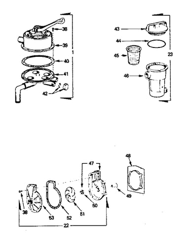 Pump, backwash valve, hair and lint pot assemblies