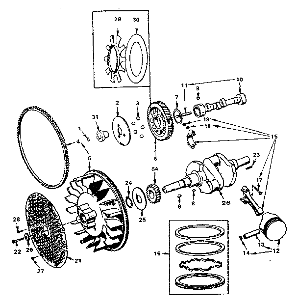 Crankshaft, flywheel, camshaft and piston group