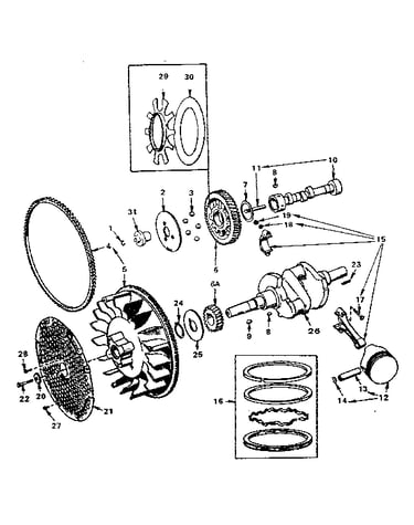 Crankshaft, flywheel, camshaft and piston group