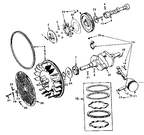 Crankshaft, flywheel, camshaft and piston group