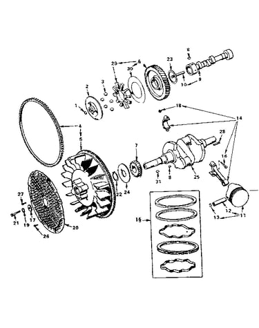 Crankshaft, flywheel, camshaft and piston group